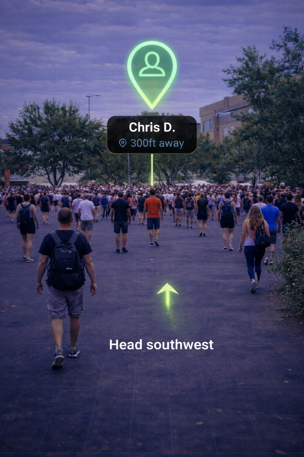Nudgeto AR — finding Chris D. 300ft away in a crowd