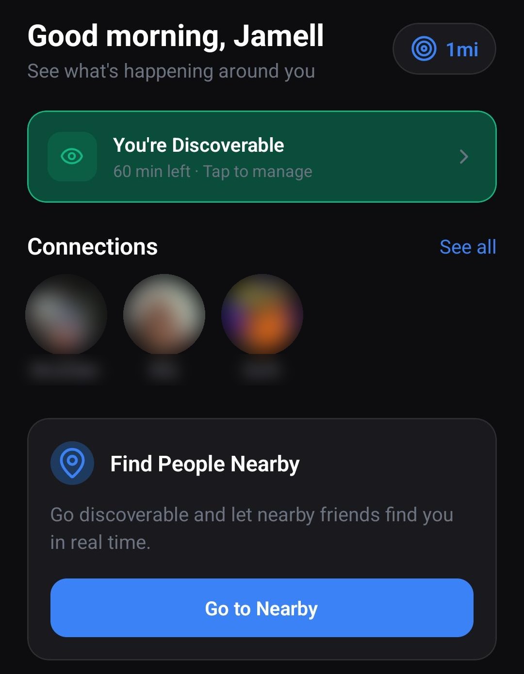Nudgeto home screen showing Discoverable mode with 60 minutes left